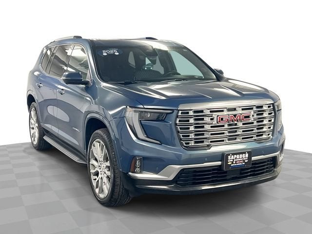 2025 GMC Acadia Denali in Downpour Metallic — front three-quarter view