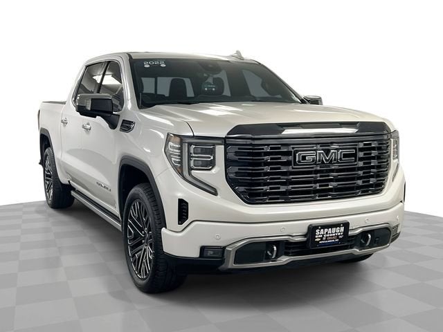 2022 GMC Sierra 1500 Denali Ultimate in White Frost Tricoat — front three-quarter view