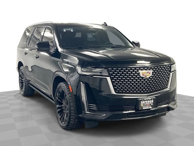 2022 Cadillac Escalade Premium Luxury in Black Raven — front three-quarter view