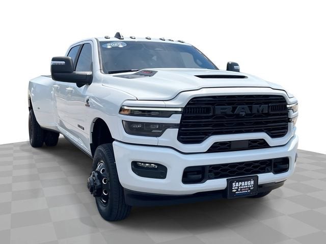 2025 RAM 3500 Laramie Crew Cab 4x4 8' Box in White — front three-quarter view
